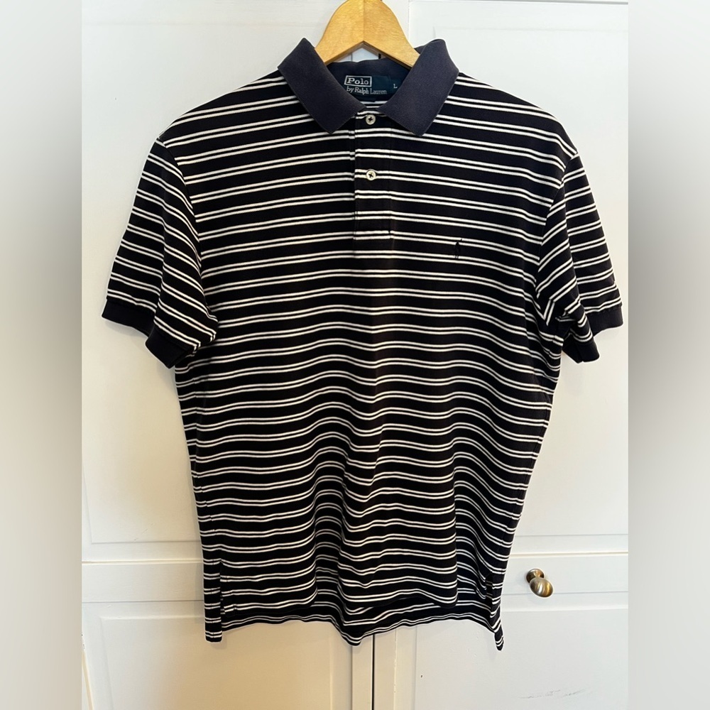 Polo Ralph Lauren Shirt‎ Men's Large Striped Golf Polo Short Sleeves Blue White